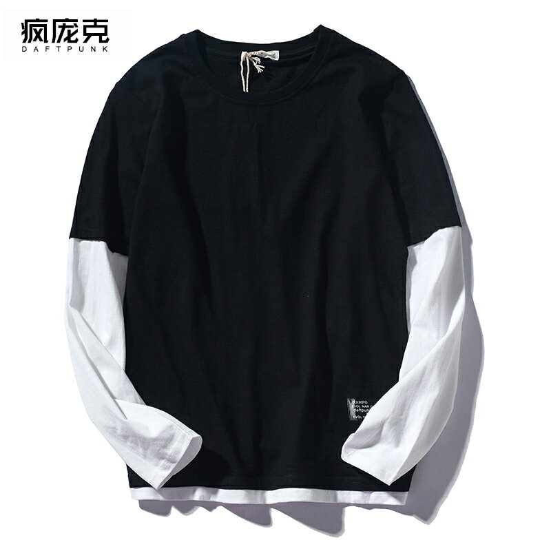夏季清新韓版純色假兩件長袖T恤男女青少年情侶裝純棉潮牌打底衫
