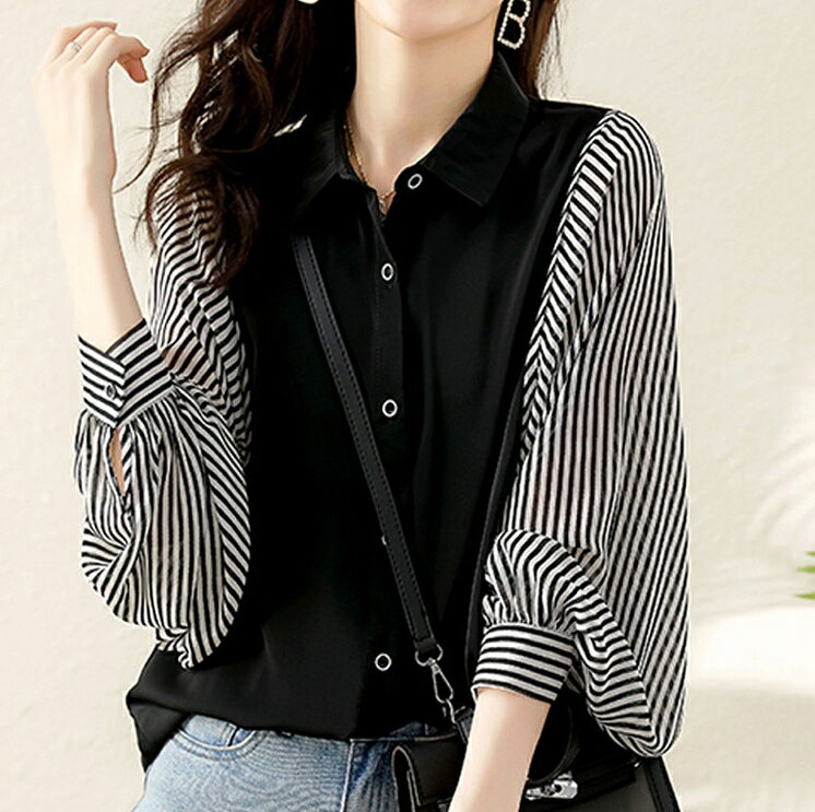 中大尺碼韓版女裝 百搭雪紡上衣 時尚氣質簡約雪紡拼接條紋長袖襯衫 長袖上衣 雪紡衫