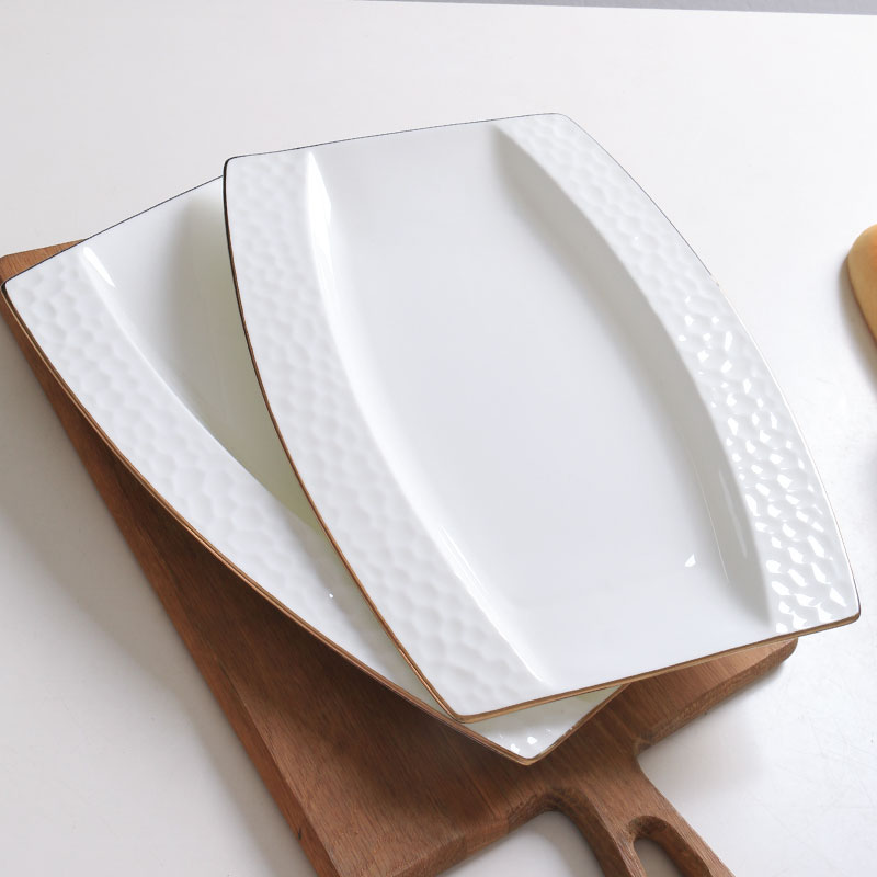 景德鎮創意日式料理盤個性金邊純白色陶瓷家用魚盤大號蒸魚盤碟子