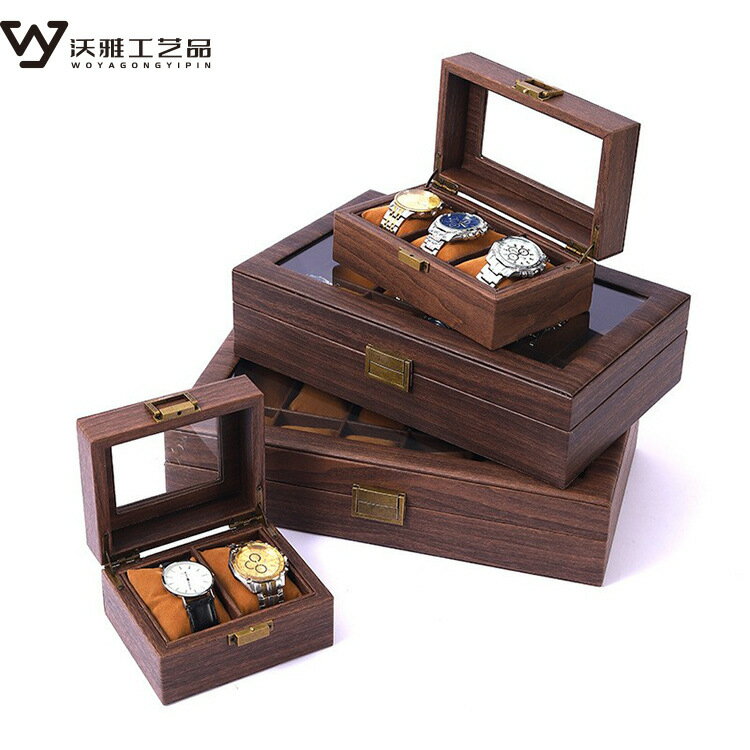 皮制手表盒棕色復古木紋皮棕色手表手鏈收納展示盒手表收藏箱