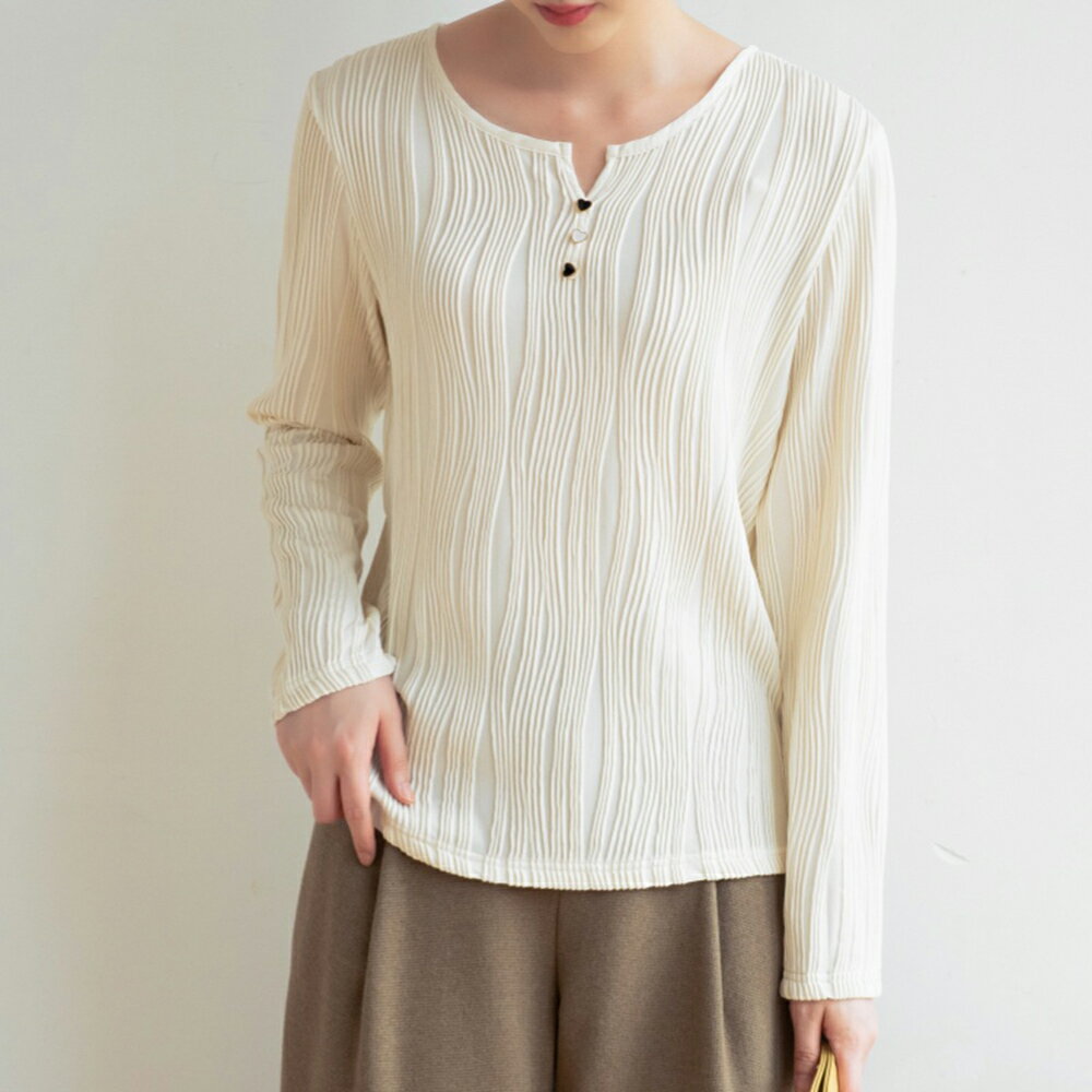 ＊ORead＊簡約肌理感圓領長袖上衣(米色M~3XL)
