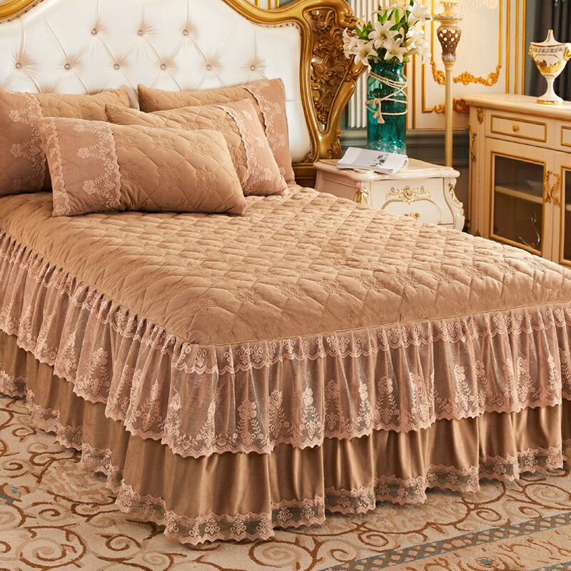 歐式蕾絲邊秋冬夾棉水晶絨床裙式床罩單件加厚保暖公主風1.8m床套