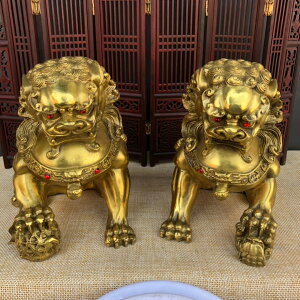 純銅北京宮門獅子一對繡球宮門獅開光招財工藝鎮宅銅獅子風水擺件