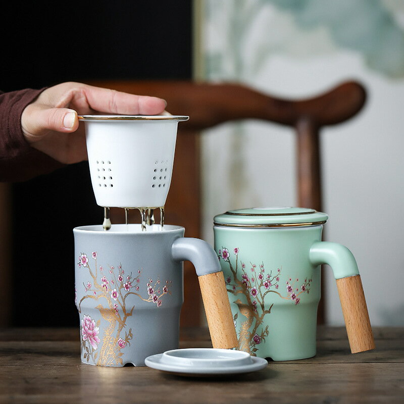 文化創意陶瓷杯子帶蓋過濾馬克杯女辦公室水杯喝茶杯國潮彩繪花鳥