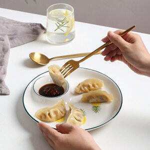陶瓷餃子盤子帶醋碟蘸料小吃碟家用創意網紅分格圓形餐盤個性餐具