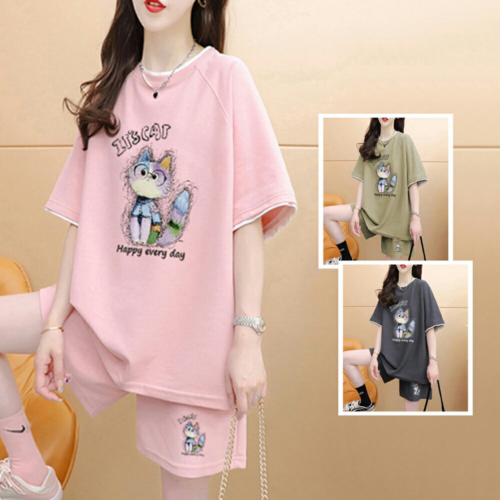 ＊ORead＊圓領短褲印花休閒運動套裝(3色M~XL)