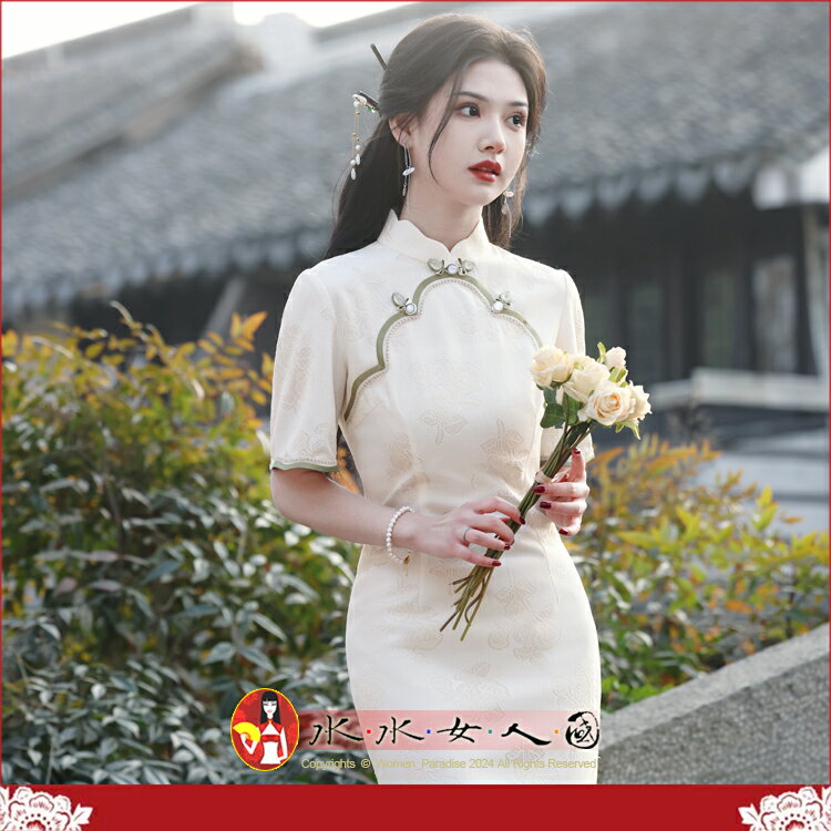 圓襟複合蕾絲倒大袖中長款旗袍春夏新款少女旗袍中式改良氣質修身連衣裙旗袍-幽夢落(米白色)-水水女人國