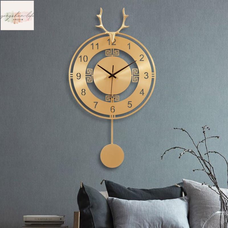 純銅掛鐘客廳鹿頭鐘錶歐式靜音電波圓形時鐘家用餐廳掛牆輕奢大氣