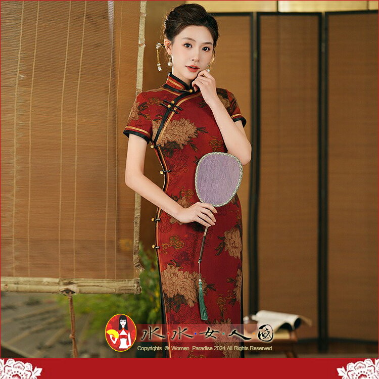高階復古長款花羅雙層旗袍春夏新款改良中國風老上海中式旗袍日常氣質媽媽走秀唐裝優雅長版旗袍裙-絕色(紅色)-水水女人國