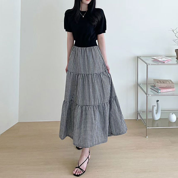 ANNAS 正韓 洋裝 縮腰 拼接 格子 長洋裝 長裙 長洋 蛋糕裙 多層次 格紋 短袖 棉質 韓國 4