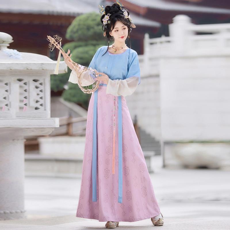 瑤圃宴新款原創唐制漢服印花坦領唐褙子春夏圓領衫齊腰破裙日常款z7302