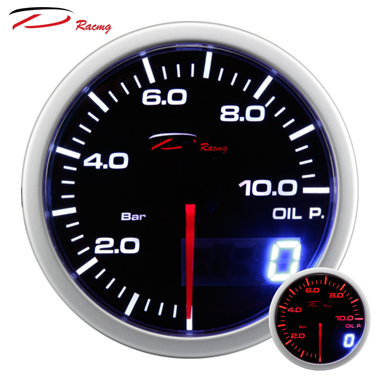 【D Racing三環錶/改裝錶】60mm油壓錶 OIL PRESSURE。Dual View 指針+數字雙顯示系列。錶頭無設定功能。