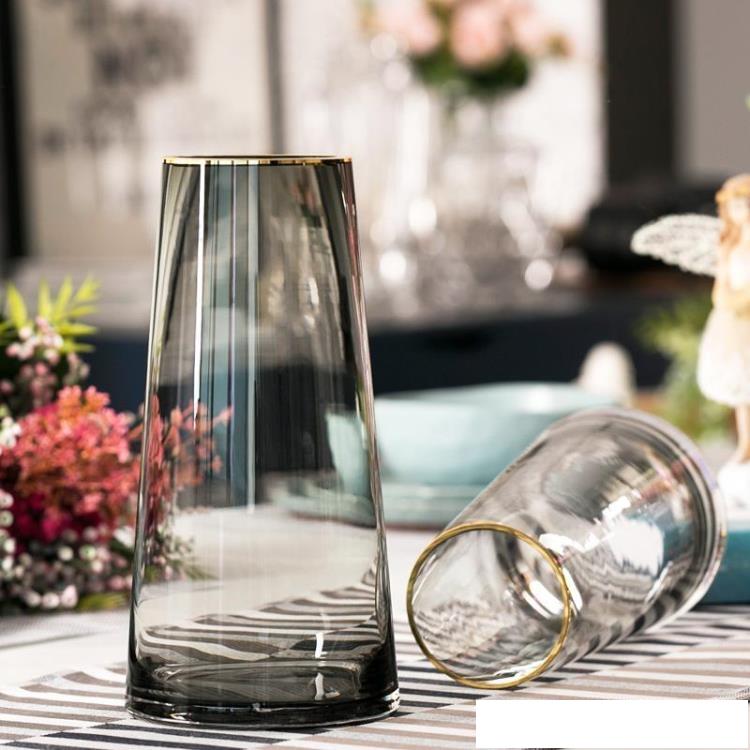 輕奢描金玻璃花瓶透明北歐簡約客廳創意餐桌百合插花水培花器擺件