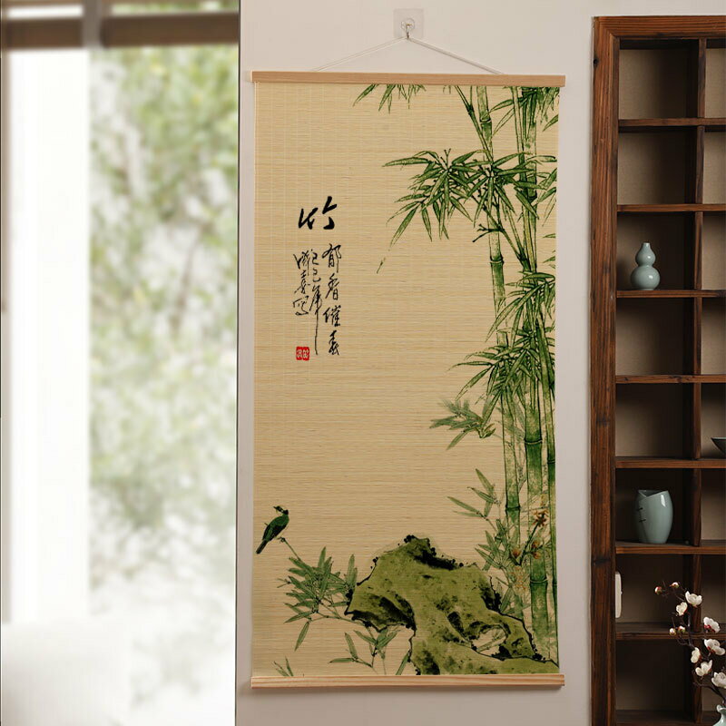 竹子卷簾畫新中式入戶走廊玄關裝飾壁畫竹報平安水墨國畫茶室掛畫/掛畫/壁畫/竹畫/裝飾畫/掛壁畫/背景畫/捲軸畫/客廳裝飾掛畫