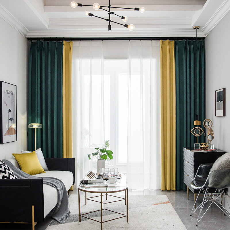 北歐ins風拼接窗簾 現代簡約墨綠色遮光窗簾加厚環保客廳臥室陽臺
