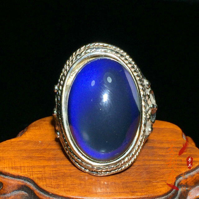 古玩收藏老銀鑲嵌藍寶石蛋面戒托開口銀戒指足銀本命禮物手飾
