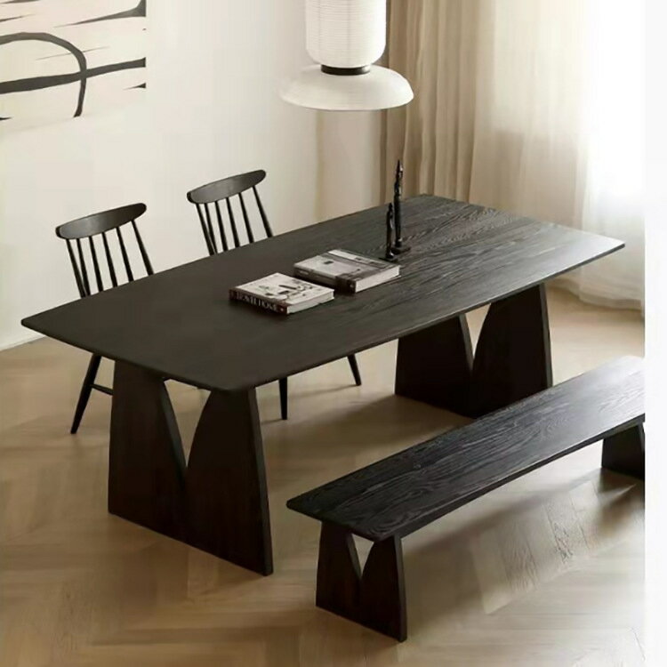 桌子 北歐實木餐桌小戶型客廳創意原木長桌民宿大板黑色洽談餐桌