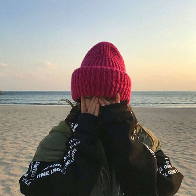 翻邊針織帽女韓版日系冬季ins百搭保暖純色帽子大頭圍網紅毛線帽1入