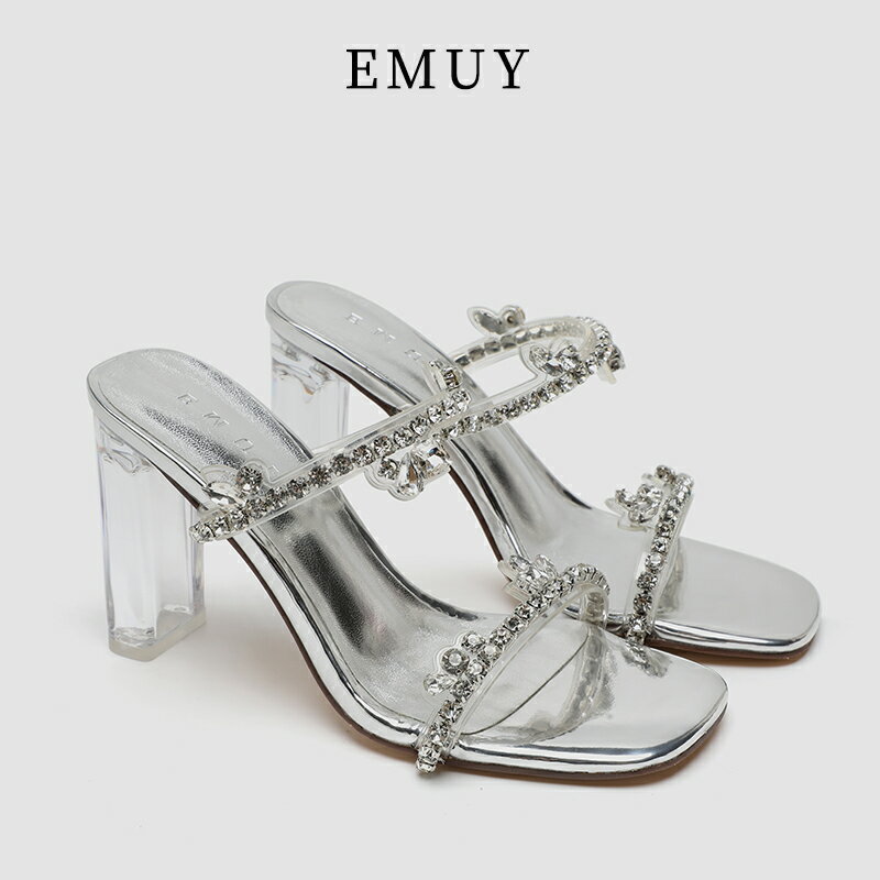 emuy水鉆一字帶高跟鞋粗跟新款性感氣質設計感小眾夏季透明涼鞋女
