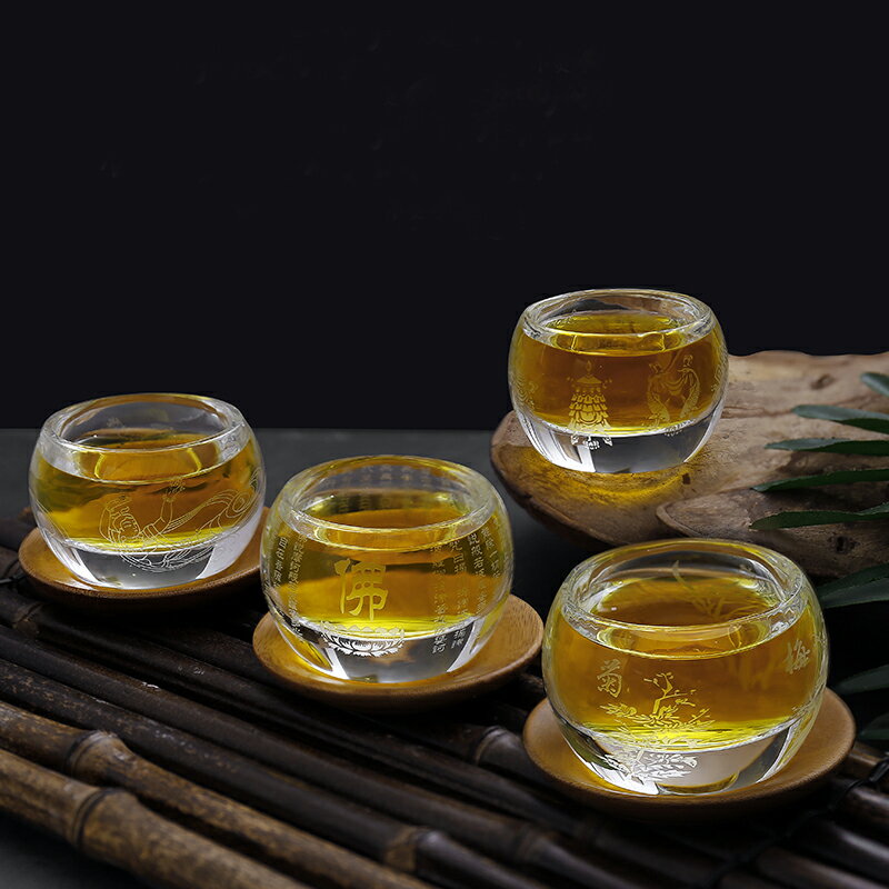 買一送一加厚玻璃功夫茶杯小號心經大悲咒吉祥八寶款主人杯品茗供佛水晶杯