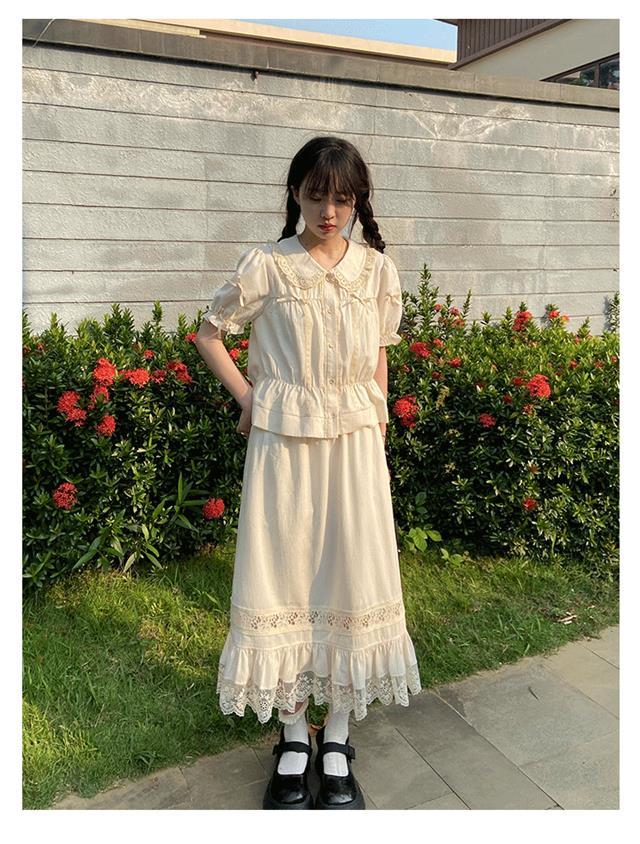 短袖裙裝兩件套復古洋氣清新甜美溫柔少女鹽系花邊上衣半身裙套裝