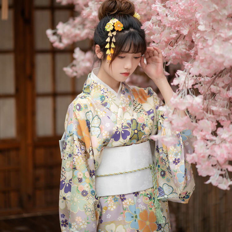 日系和風改良日本和服浴衣花綠色碎花復古可愛少女旅拍賞櫻連衣裙
