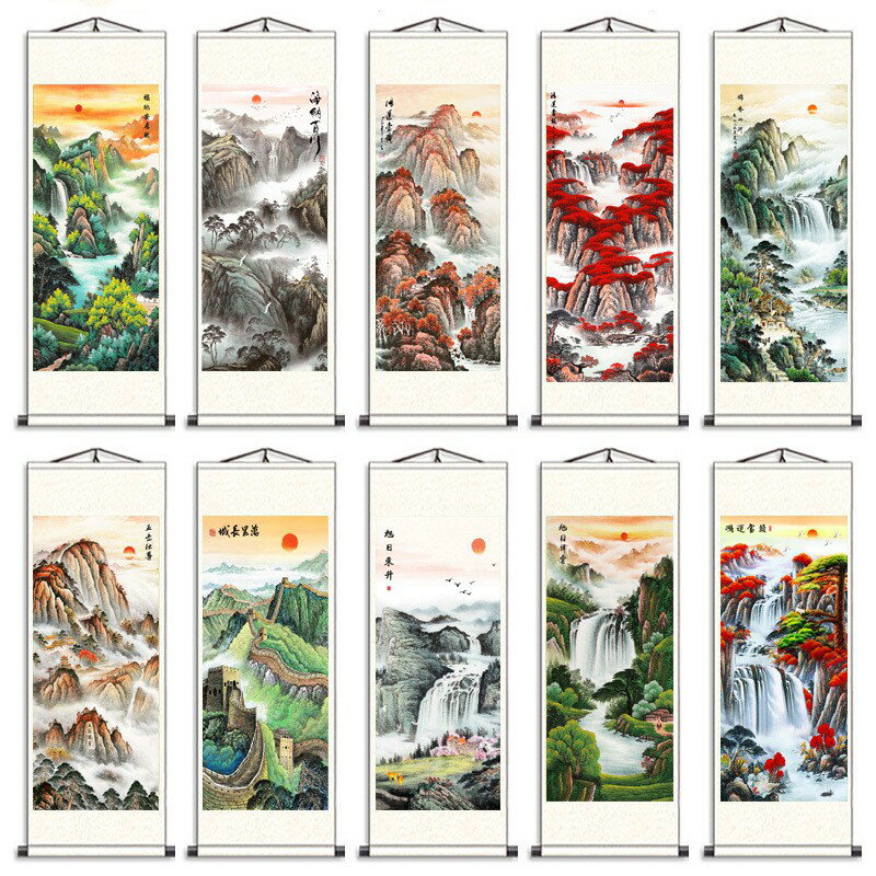 【絲綢卷軸畫】豎版山水畫招財裝飾畫掛畫絲綢禮品畫玄關壁畫客廳裝飾畫-已裱卷軸可直接懸掛