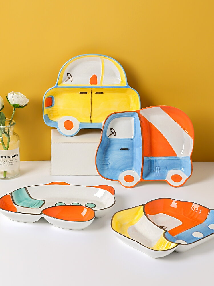 墨色陶瓷分格餐盤兒童分餐盤家用早餐盤可愛盤子創意碟子卡通餐具