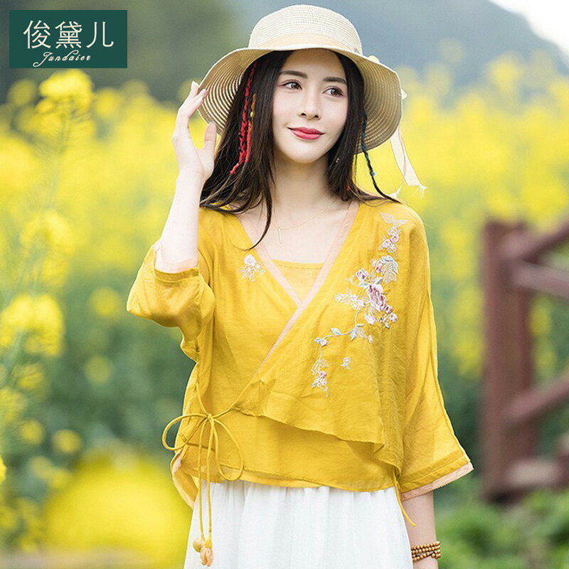 夏季民族風刺繡小衫中國風漢服改良系帶上衣文藝復古中式禪意茶服