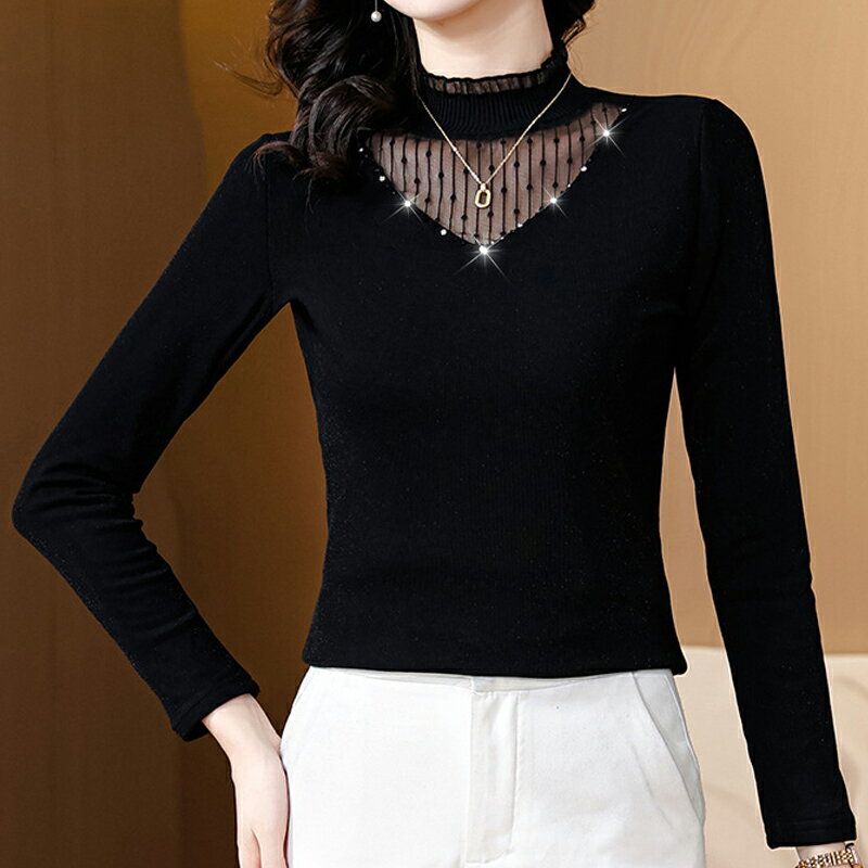 【巴黎精品】現貨+預購高級蕾絲上衣長袖雪紡衫網紗拼接氣質打底衫內搭休閒女裝-花邊立領釘珠女上衣a1kw50