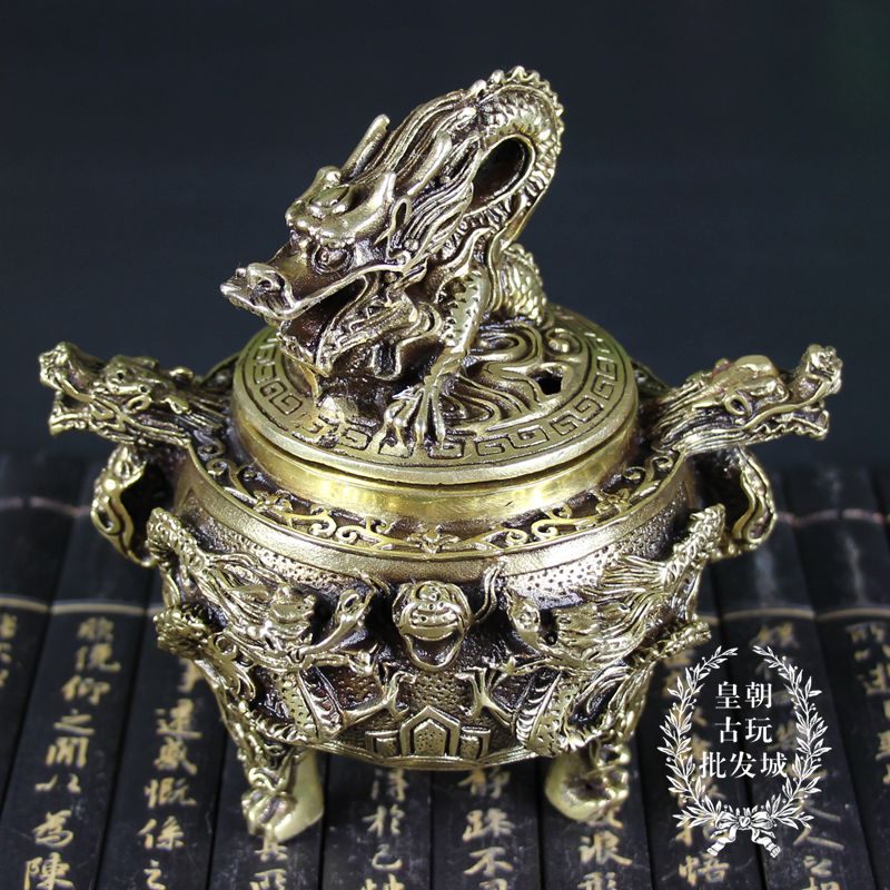 促銷銅器雜項黃銅擺件仿古復古禮品古玩古董收藏 雙龍香爐龍蓋