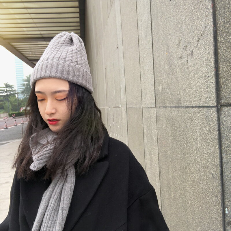 韓版潮毛線帽女冬天百搭日系甜美可愛加厚保暖針織帽子圍巾兩件套1入