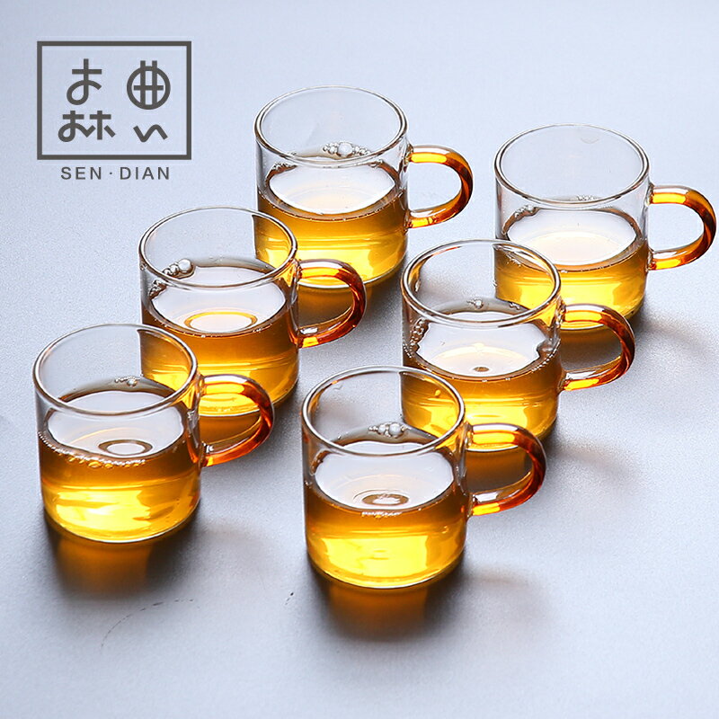 6只裝耐熱玻璃杯子功夫茶具日式加厚喝茶帶把品茗小茶杯主人單只