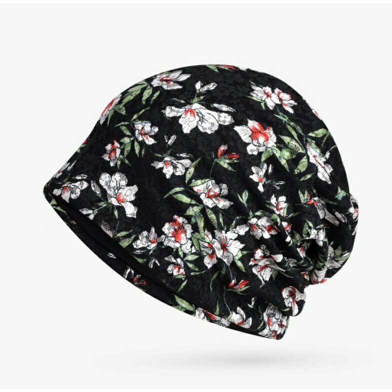 HT-043質感透氣蕾絲套頭帽 親膚套頭帽 超舒適化療帽 女士春夏季雙層印花朵柔軟鏤空透氣逛街潮休閒包頭帽