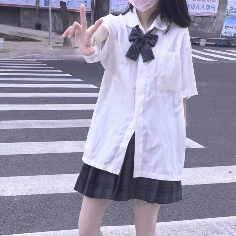 jk制服寬松短袖襯衫女學生暗扣外套夏裝新款襯衣韓版白色女上衣