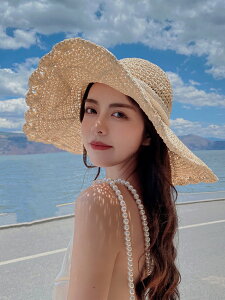 草帽女夏季防曬超大帽檐遮陽帽沙灘海邊度假太陽帽子可折疊帽子潮