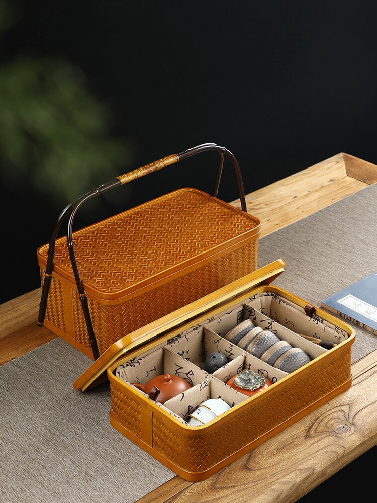 手工竹編提籃 中式復古長方形家用帶蓋防塵收納筐 便攜茶具收納盒