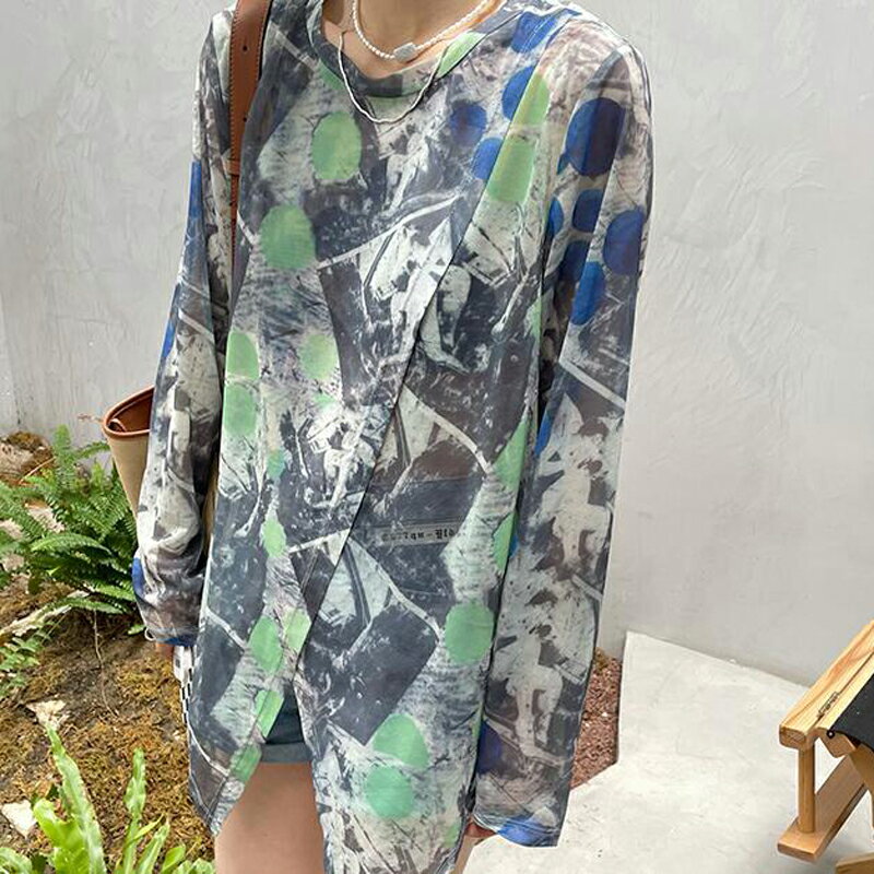 韓國女裝網紗長袖t恤2021夏新款韓版寬松中長薄款防曬上衣