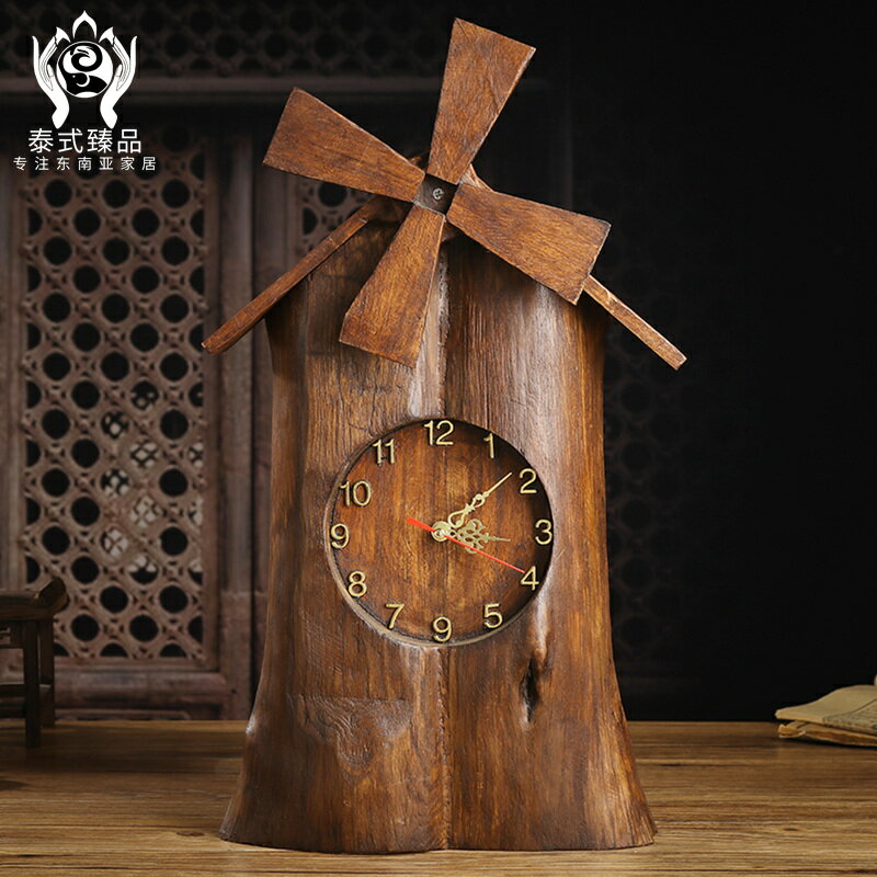泰式手工雕刻實木工藝品壁掛鬧鐘造型創意簡約家居男生裝飾擺件