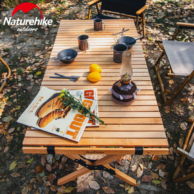 Naturehike挪客戶外實木蛋卷桌便攜式折疊桌長方形野外露營野餐桌