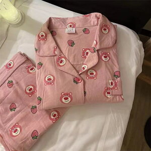 草莓小熊 粉色 睡衣 女 春秋 冬季 寬鬆 可愛 卡通 長袖 長褲 家居服 兩件套裝