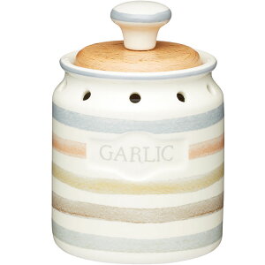 《KitchenCraft》大蒜木蓋透氣陶罐(復古條紋) | 收納瓶 儲物罐 零食罐