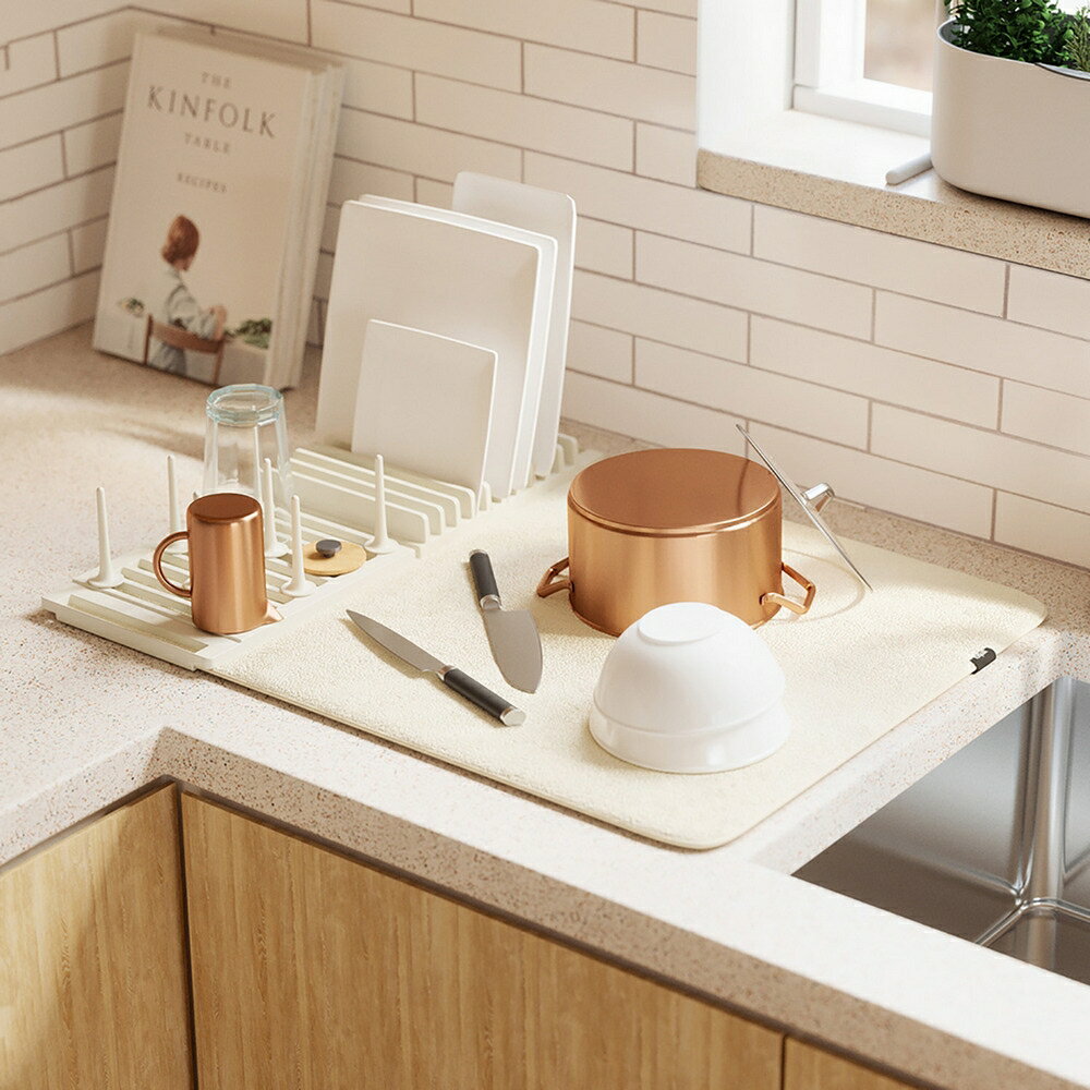 《Umbra》吸水墊+組裝式碗盤瀝水架(大地黃) | 餐具 碗盤收納架 流理臺架