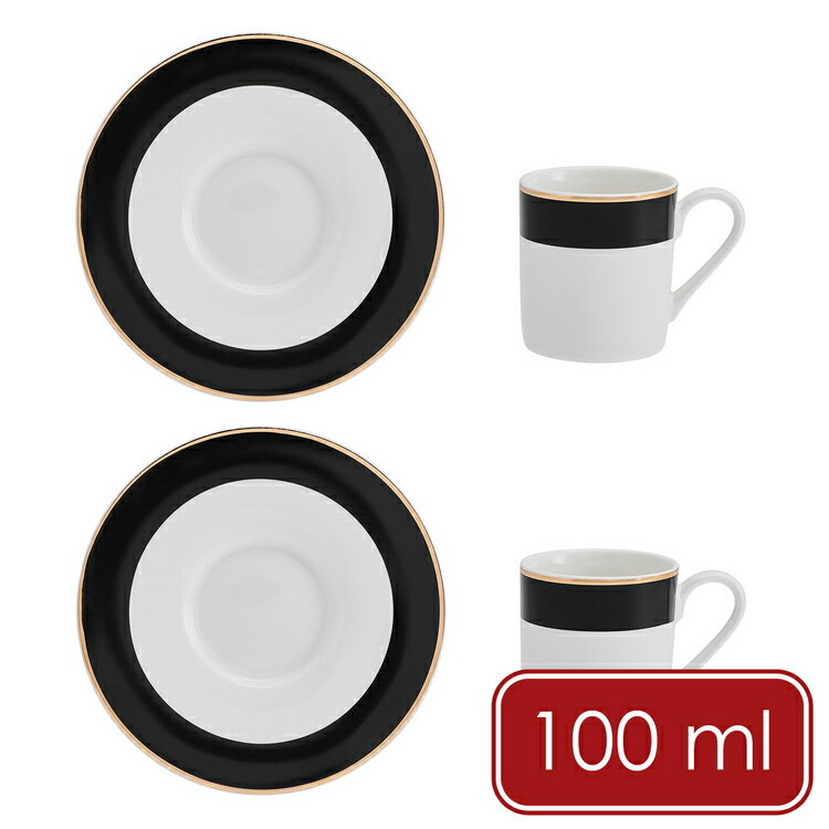 《Mikasa》Luxe Deco瓷製杯碟組2入(黑白100ml) | 濃縮咖啡杯 Espresso 下午茶杯杯盤 茶杯 茶碟