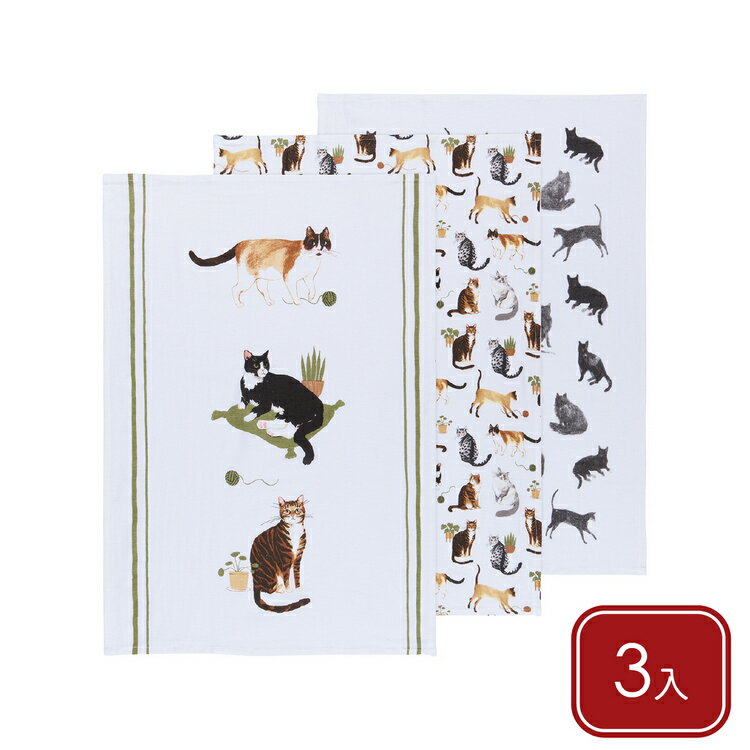 《NOW》純棉擦拭布3入(幸福貓生76x51cm) | 廚房抹布 清潔布 擦拭布 茶巾