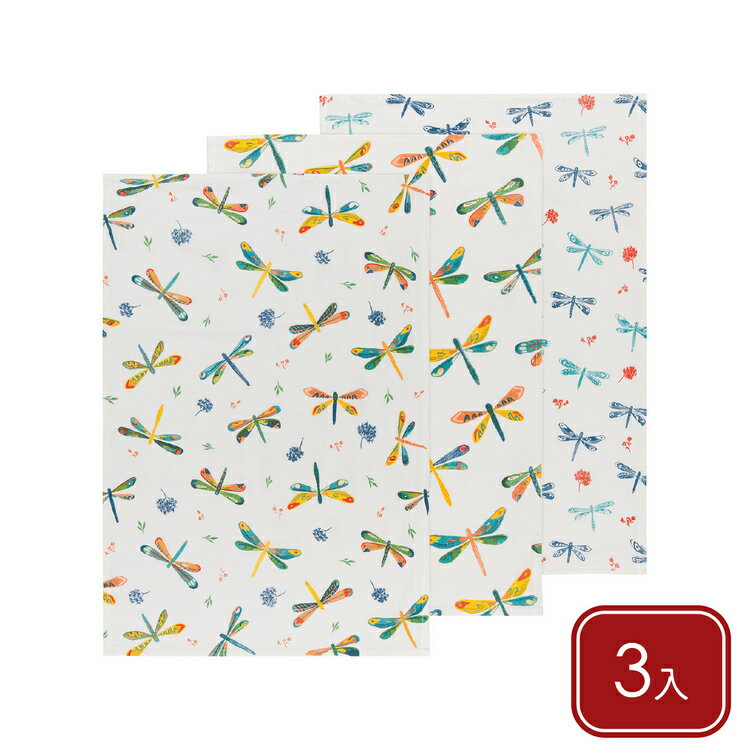 《NOW》純棉擦拭布3入(水靈蜻蜓76x51cm) | 廚房抹布 清潔布 擦拭布 茶巾