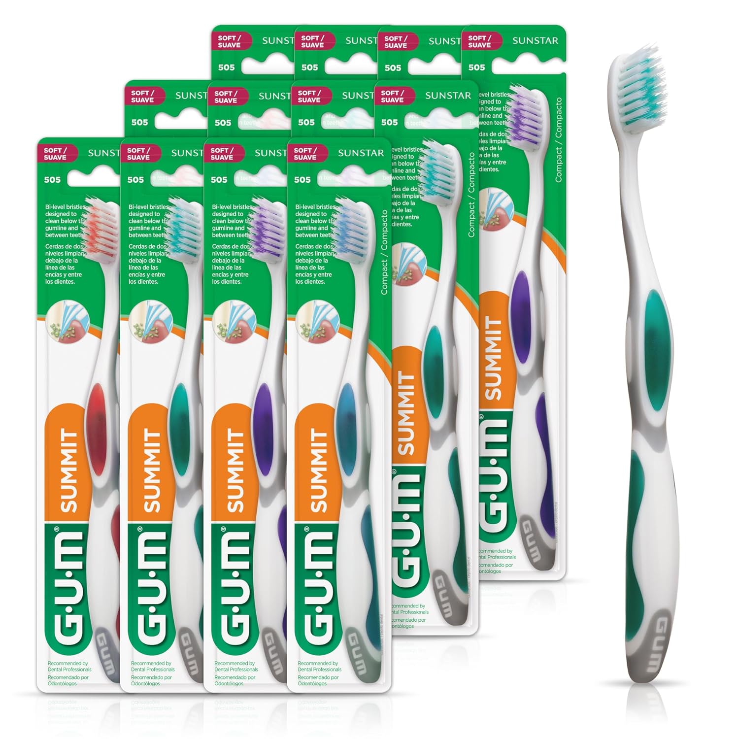 [5美國直購] Sunstar GUM Summit 505 錐形 軟刷毛 手動牙刷 12入 (顏色隨機) Soft Toothbrush