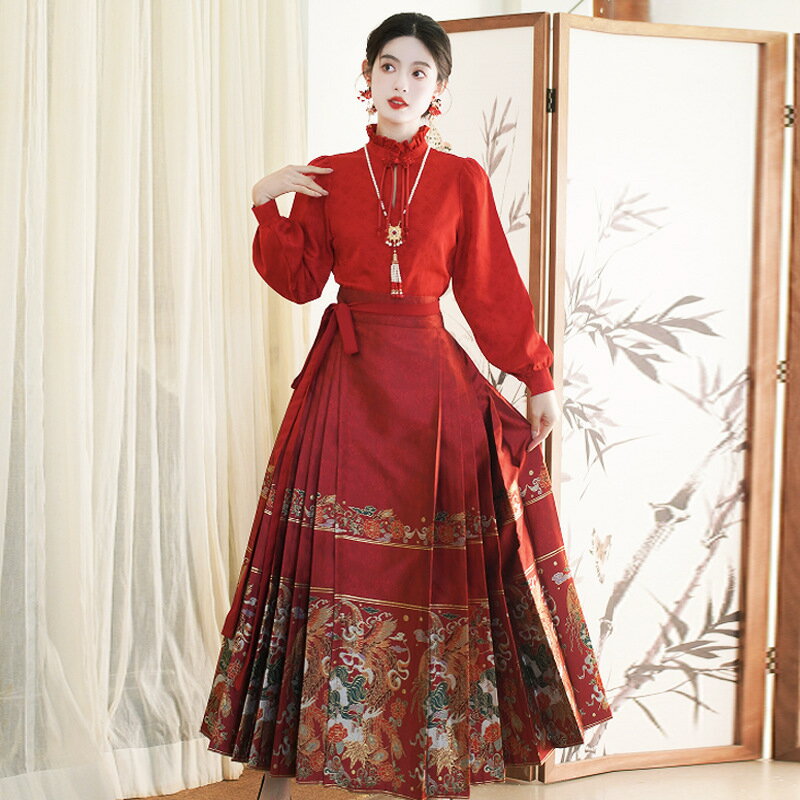 【巴黎精品】現貨+預購 中式套裝兩件式裙裝-中國風顯瘦花邊領馬面裙漢服女裝2色v1be43