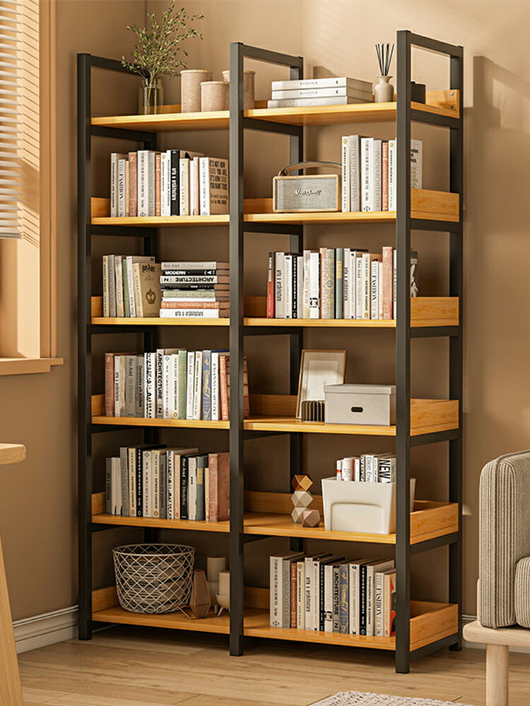 書架落地置物架一體靠墻收納客廳櫃子儲物櫃鐵藝簡易學生家用書櫃-快速出貨