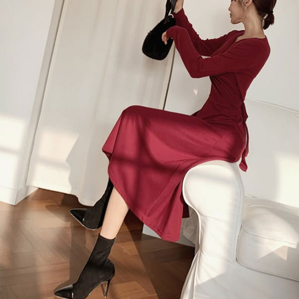 ANNAS 正韓V領洋裝交叉綁腰長裙長洋裝長袖連身裙 顯瘦性感棉質過年新年尾牙春酒紅色韓國 7